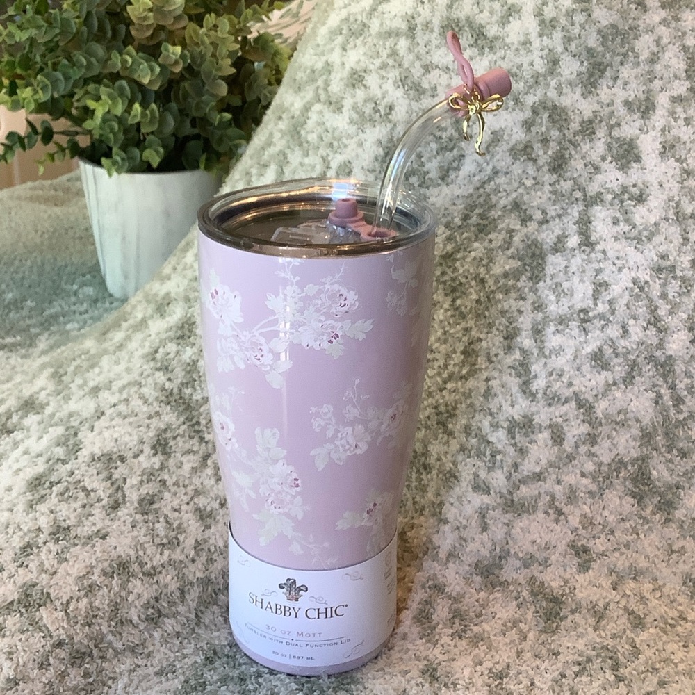 Shabby Chic Pink Floral Travel Tumbler with Clear Lid, lid cap & Charm NWT  30oz